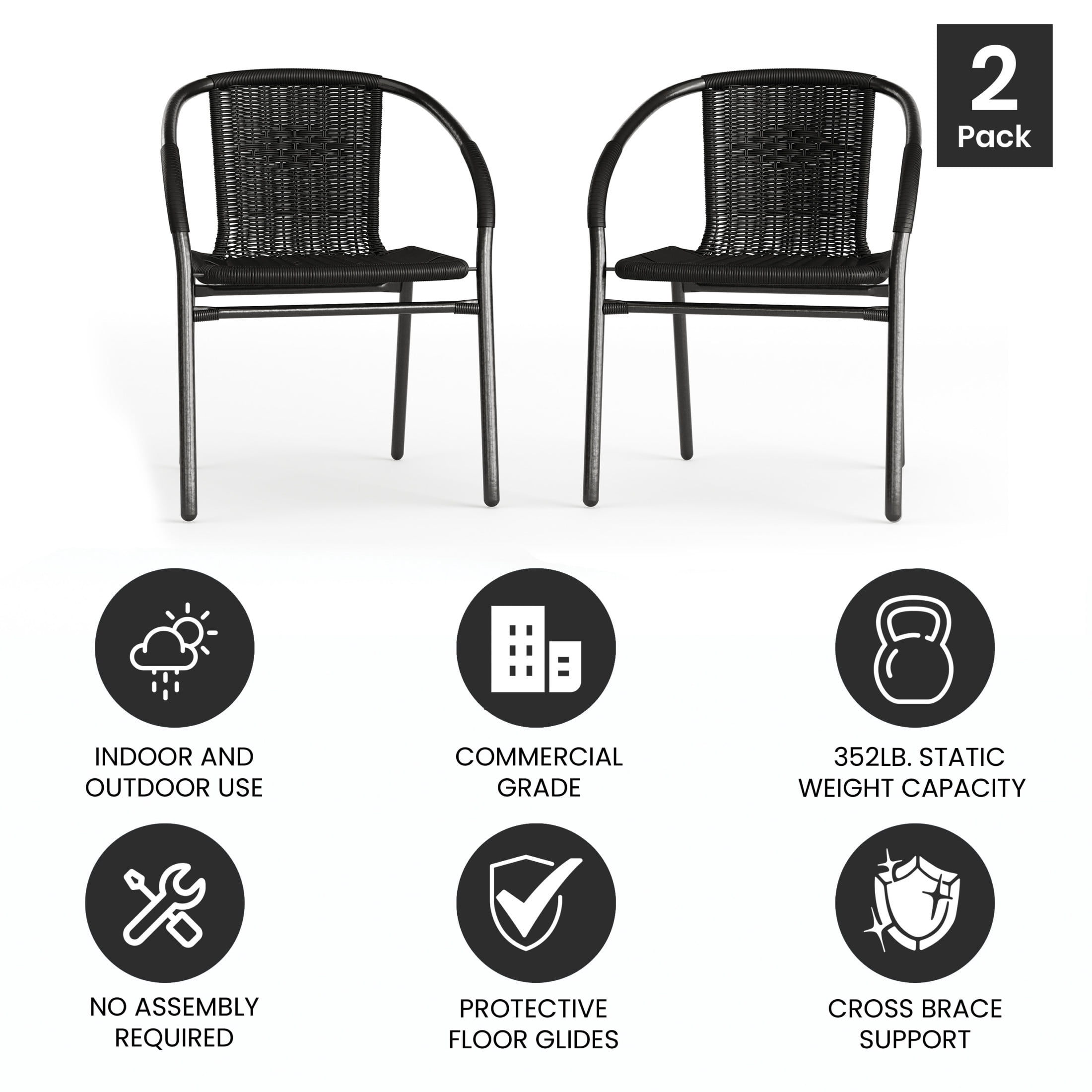 Emma + Oliver 2 Pack Black Rattan Indoor-Outdoor Restaurant Stack Chair with Curved Back