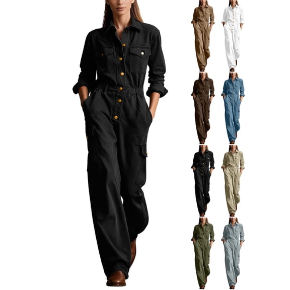 Cotton Linen Jumpsuits for Women Long Sleeved Workwear Jumpsuit Buttoned Collar Pants With Multiple Pockets for Fall Winter