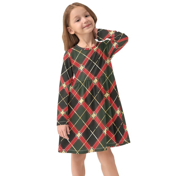 Girls Dress Soft Casual Long Sleeve Cute Dress for Girls Fashion Prints Plaid Red Green Crew Neck
