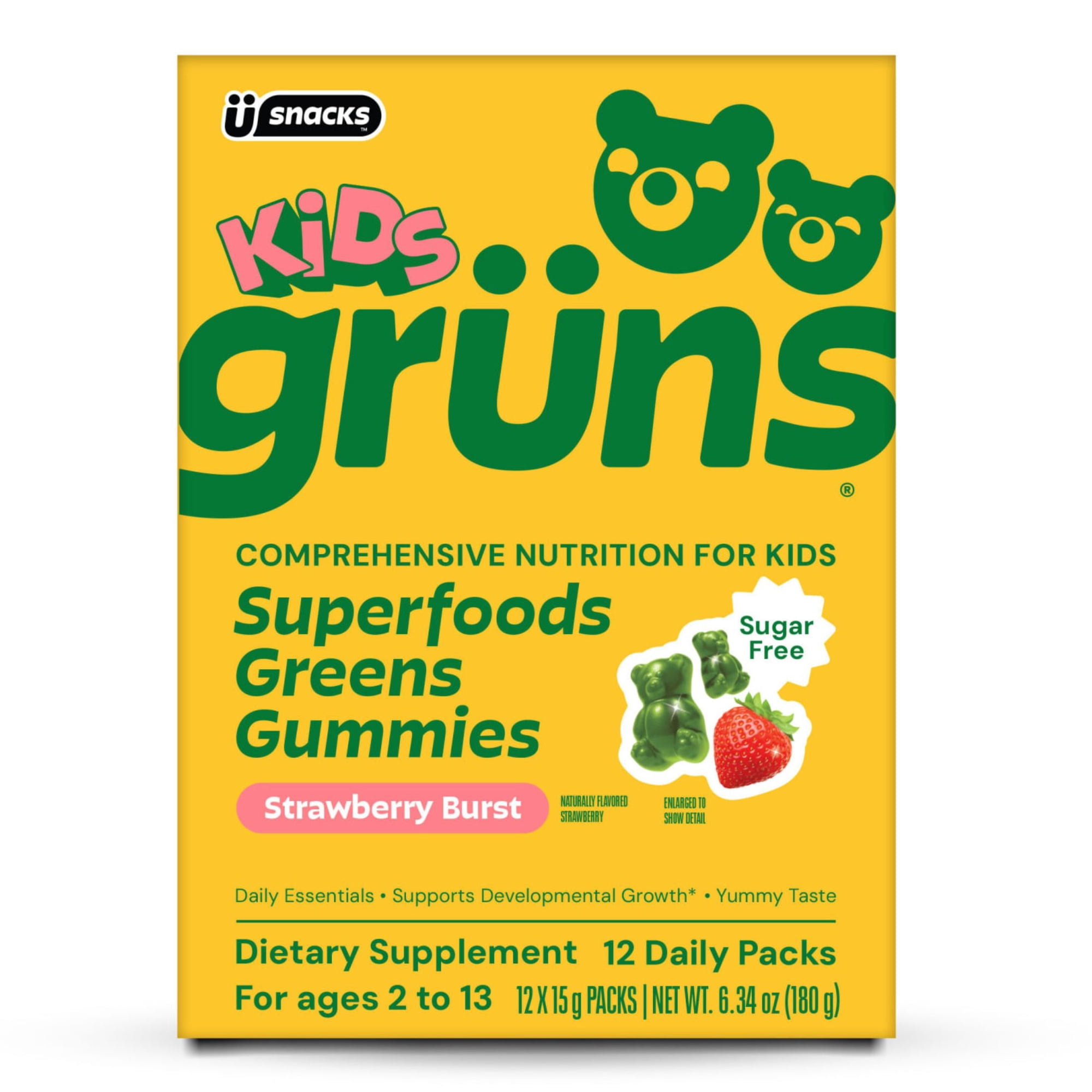 Gruns Kids Sugar Free Superfood Greens Multivitamin Gummies for Ages 2+, 12 Count