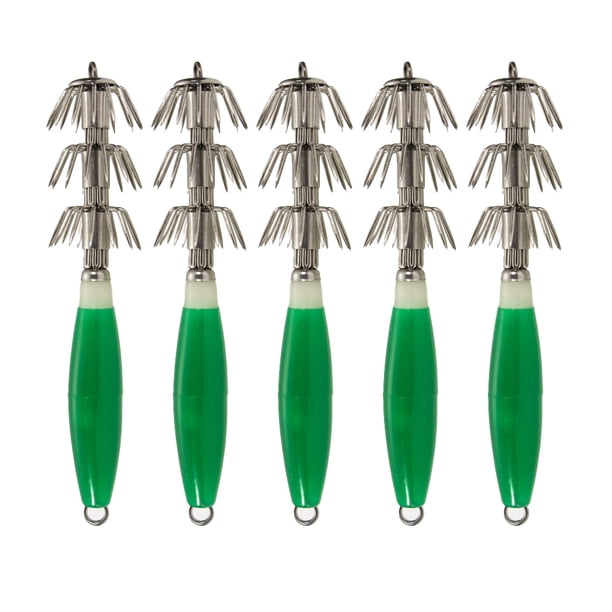 Anzuelos de plantilla de calamar de tres capas Efectivo Evitar el desacoplamiento Girar Noctilucente ABS Acero de alto carbono Duro Afilado Paraguas Gancho Señuelos Verde 5pcs Inevent OD019649-05