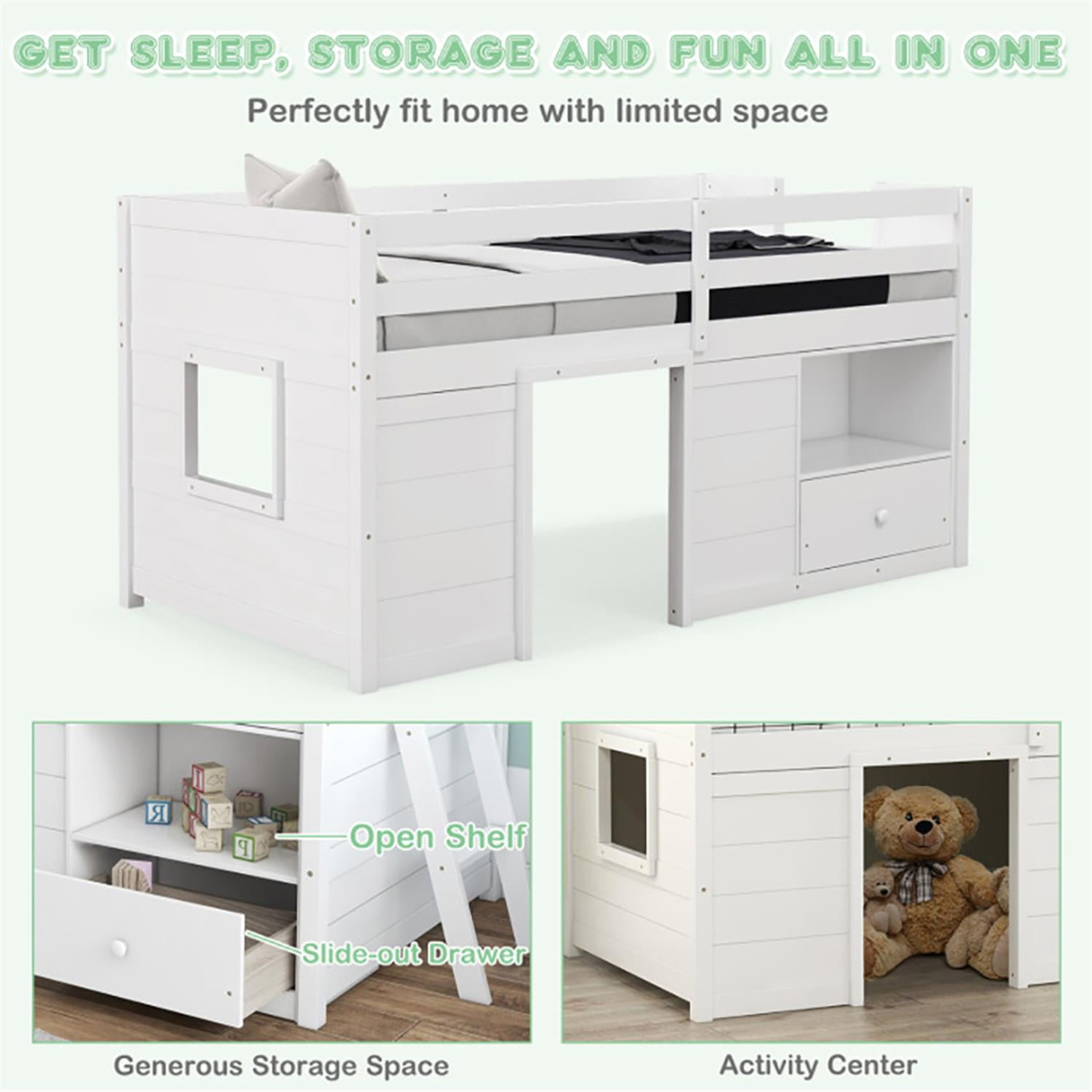 Demi Bonn Twin Size Solid Wood Low Loft Bed with Storage and Drawer for Teens, White
