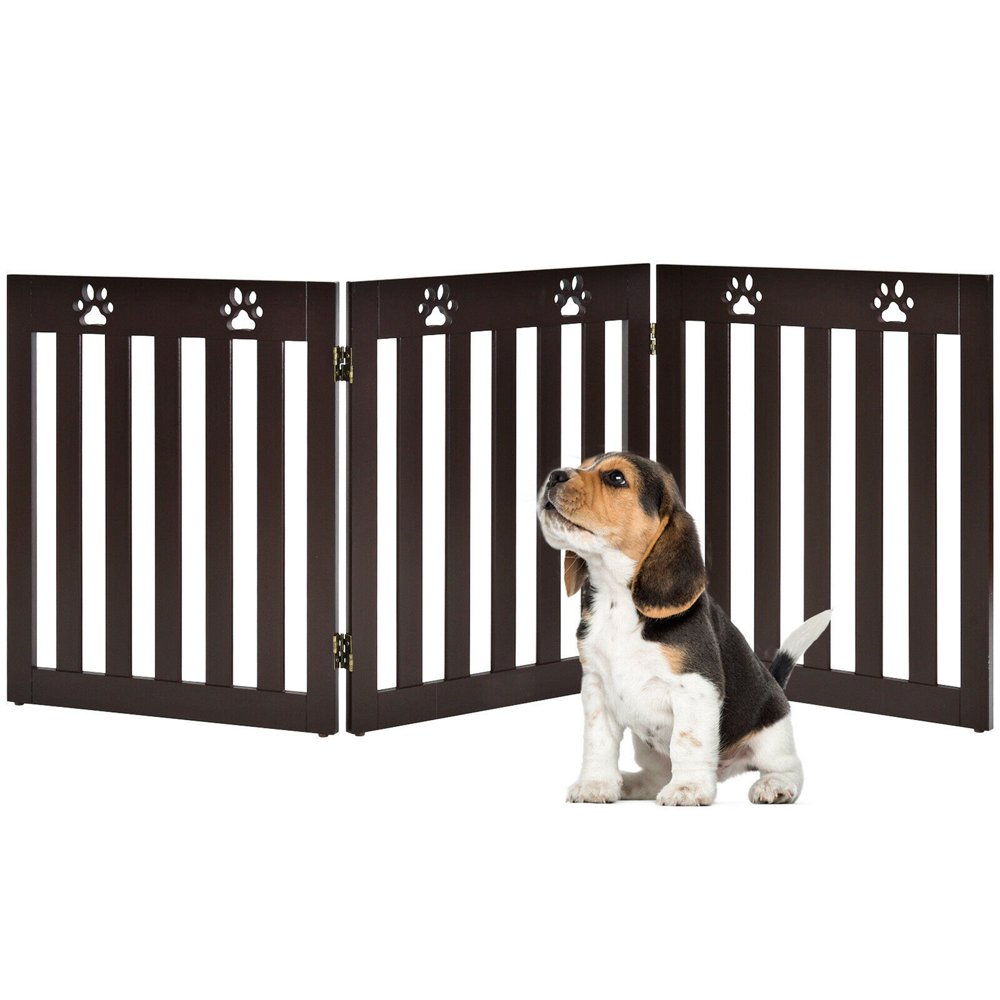 Gymax 24'' Folding Wooden Freestanding Pet Gate Dog Gate W/360