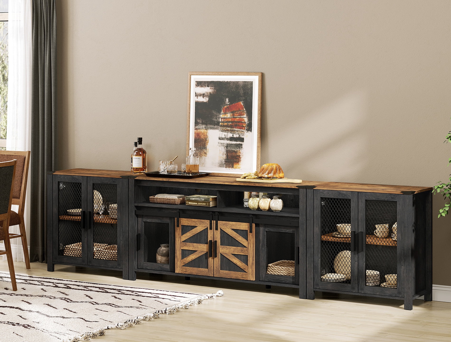Wampat Farmhouse TV Stand Entertainment Center for 100 Inch TV, 2 Piece, with Sliding Barn Door, Adjustable Shelves, Dark Walnut and Black