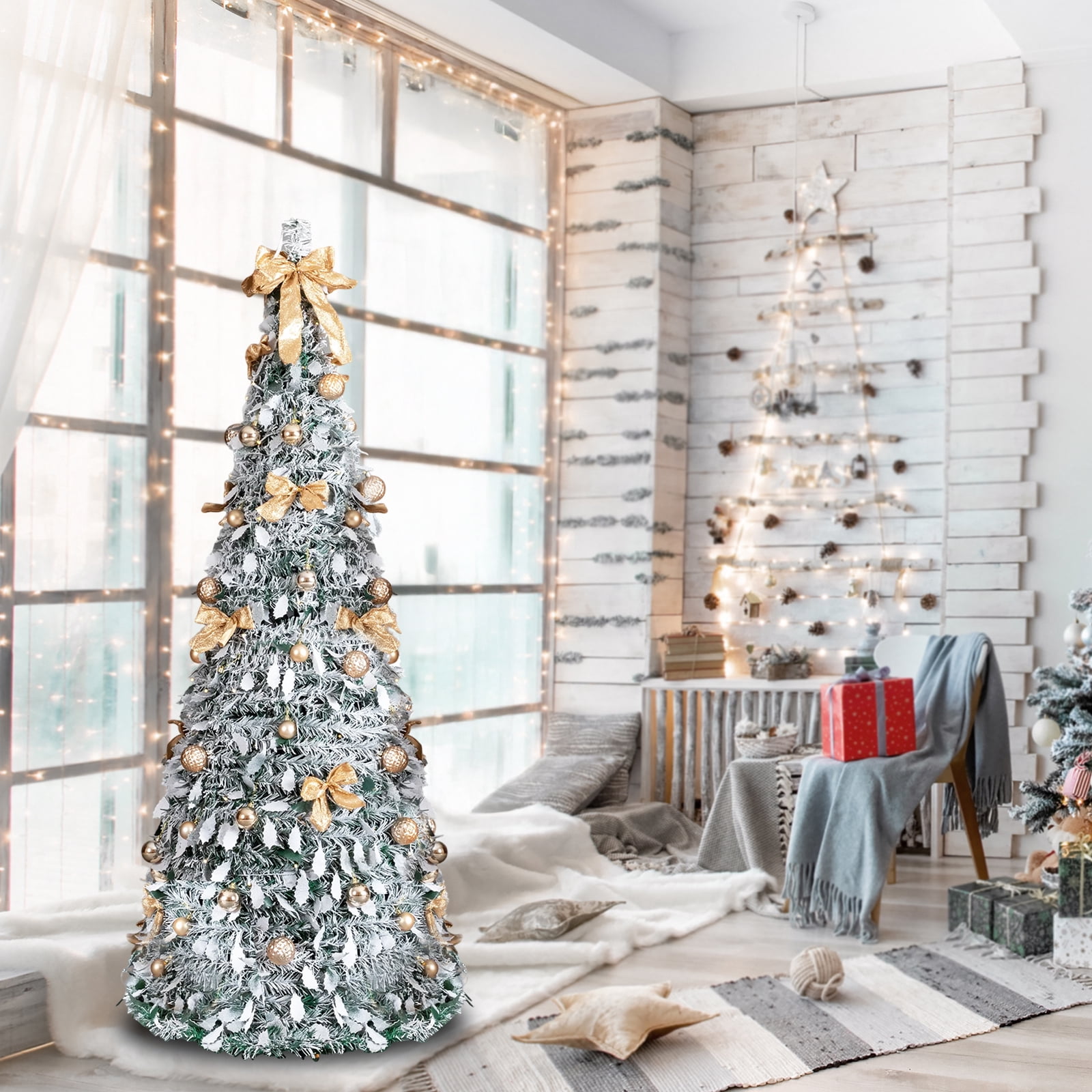 Astoutdoor 6 ft Snow Flocked Pre-lit Artificial Pop Up Christmas Tree with 100 Warm Lights and Golden Ornaments, Snowy Green