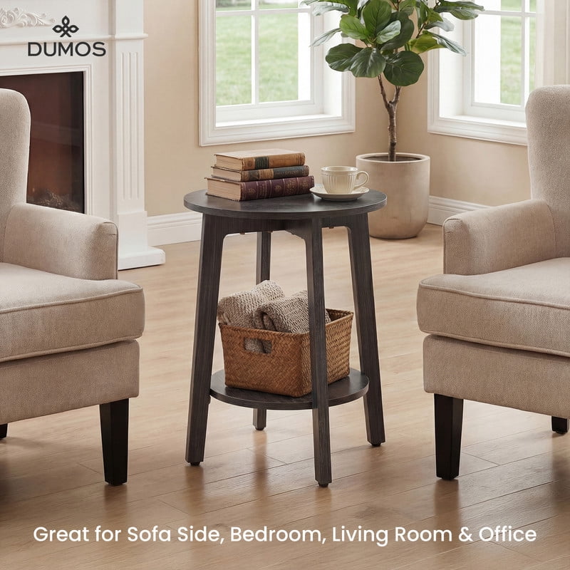 Gianna 2-Tier Round Side Table with Tapered Legs, Small End Table for Living Room & Bedroom,Gray
