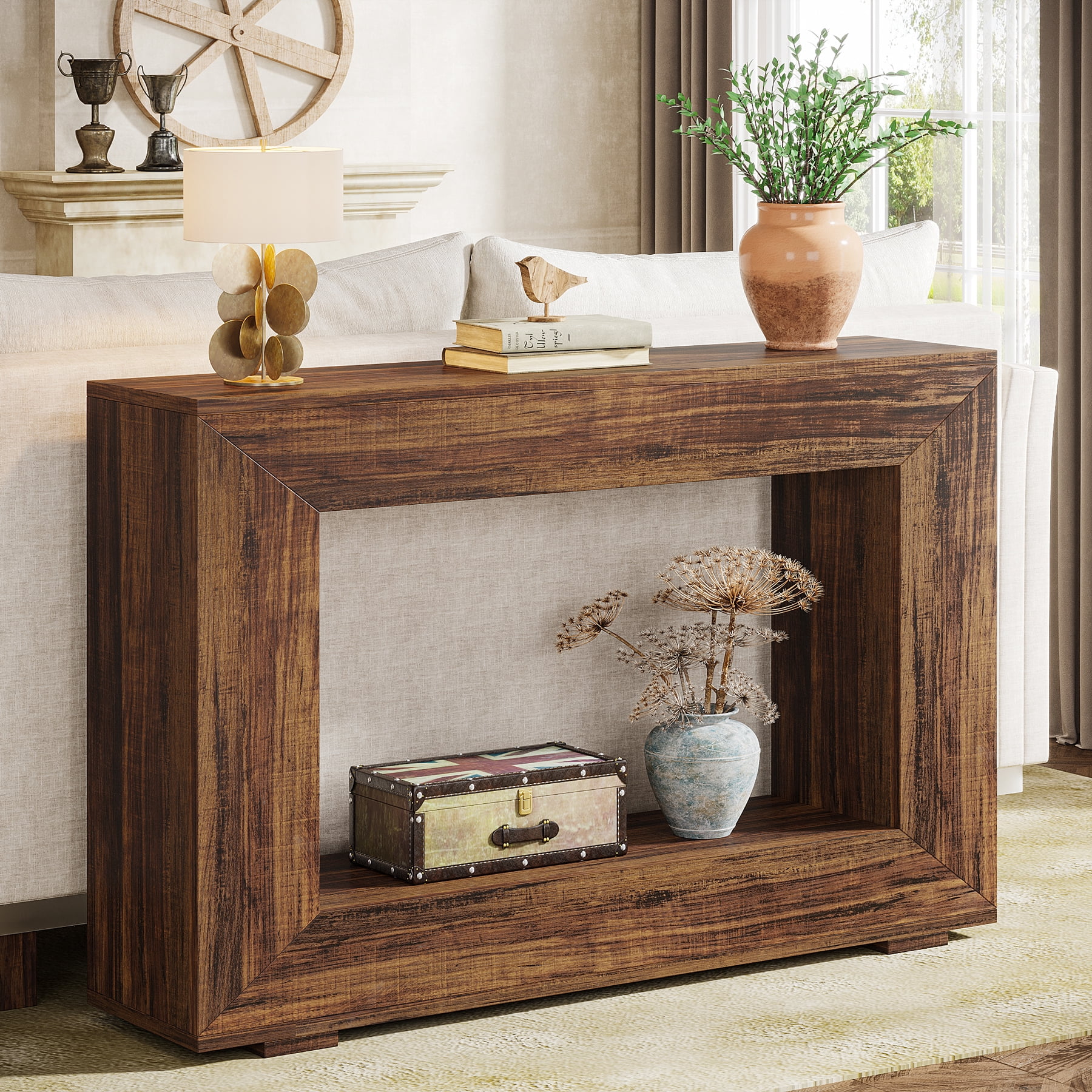 Tribesigns 47" Farmhouse Console Table, Wood Sofa Table with Storage for Living Room, Hallway, Brown