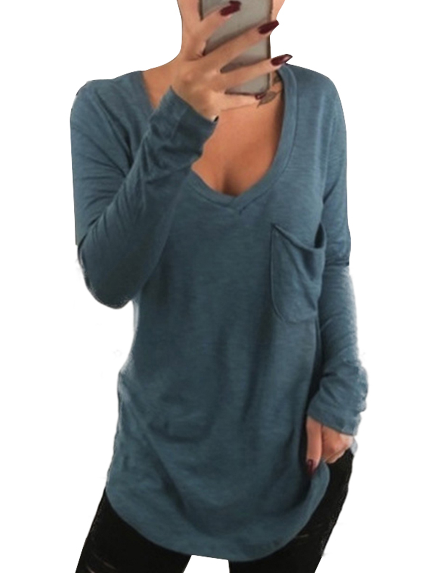 Wodstyle Women's V Neck Long Sleeve Pockets Loose Casual Plain Solid