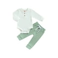 thumbnail image 2 of Baby Boy 2 Piece Outfit 3 6 12 18 24M Solid Color Ribbed Button Long Sleeve Rompers and Elastic Pants Fall Spring Clothes, 2 of 10