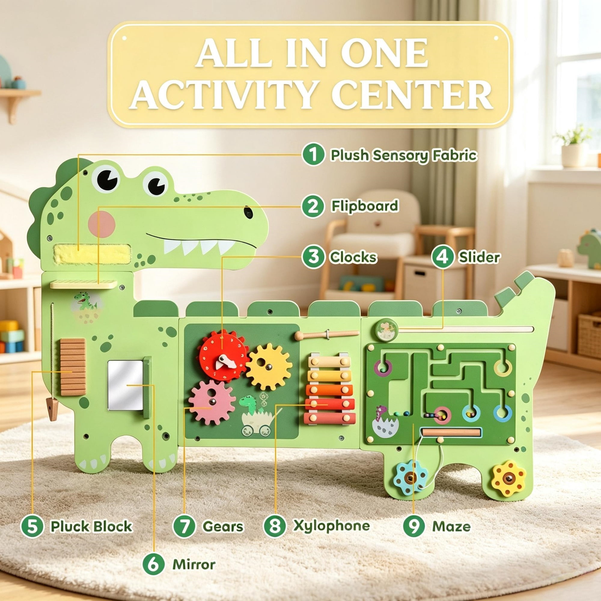 Green Dinosaur Wall-Mounted Sensory Toys, Montessori MDF Sensory Wall 87x52x5.5cm