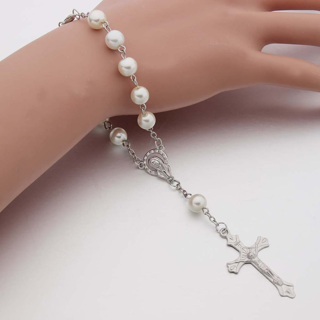 Dainty Silver Tone Heart Bead Rosary Bracelet with Crucifix Medal, 6.7 –  Rosemarie's Religious Gifts