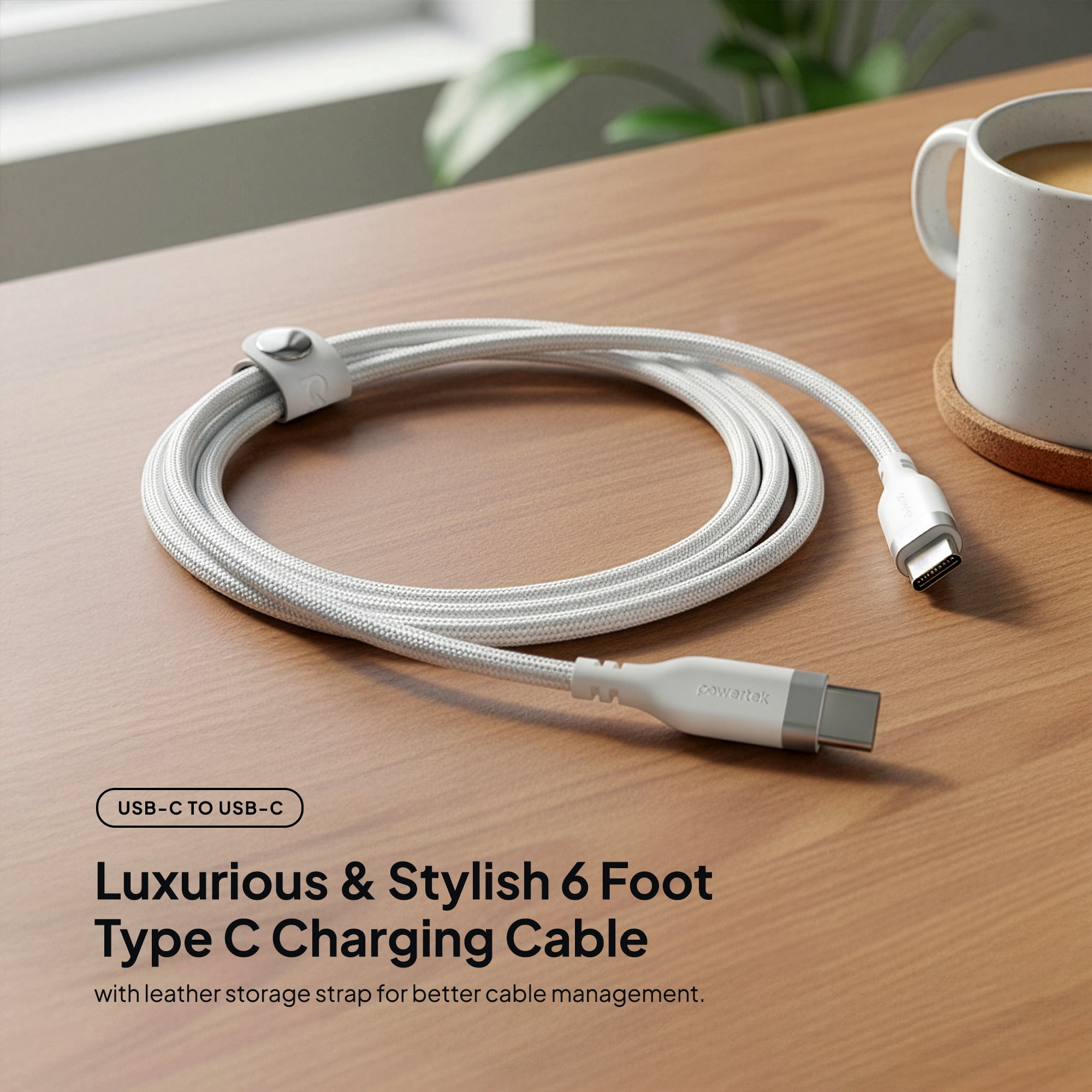 Liquipel Powertek USB C to USB C Fast Charger Cable, 6ft for Galaxy, Note, Tab, MacBook, Premium White