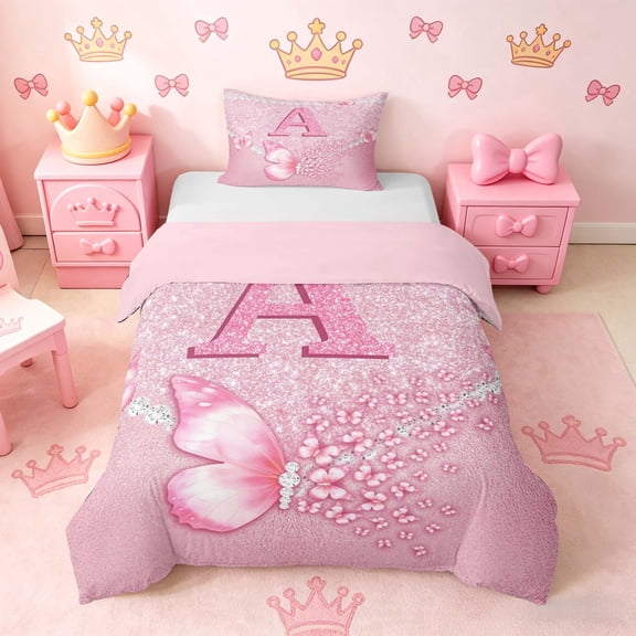 meiyoeat Pink Glitter Butterfly Monogrammed A Twin Bedding for Girls, Sparkle Floral Initial Letter Duvet Cover Set, Pink Reversible 2-Piece, 1 Duvet Cover and 1 Pillowcase