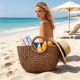 thumbnail image 7 of Handmade Straw Rattan Woven Semicircle Tote Bag, Summer Beach Handbag for Women, Portable Half-Moon Shape Shoulder Bag for Travel Vacation Daily Shopping, C, 7 of 7