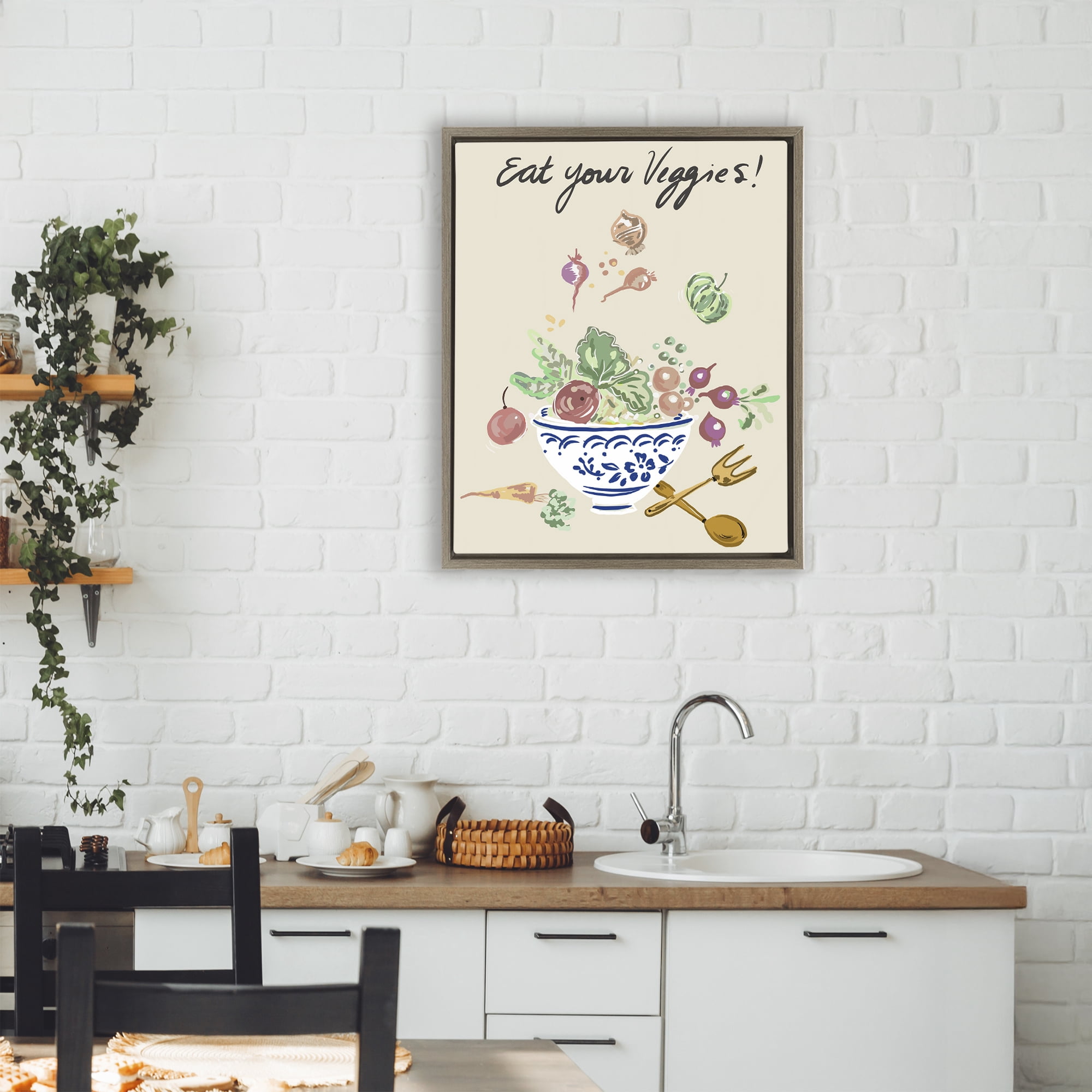 Stupell Industries Eat Your Veggies Bowl Brown Framed Floater Canvas Wall Art, design by Ani Del Sol