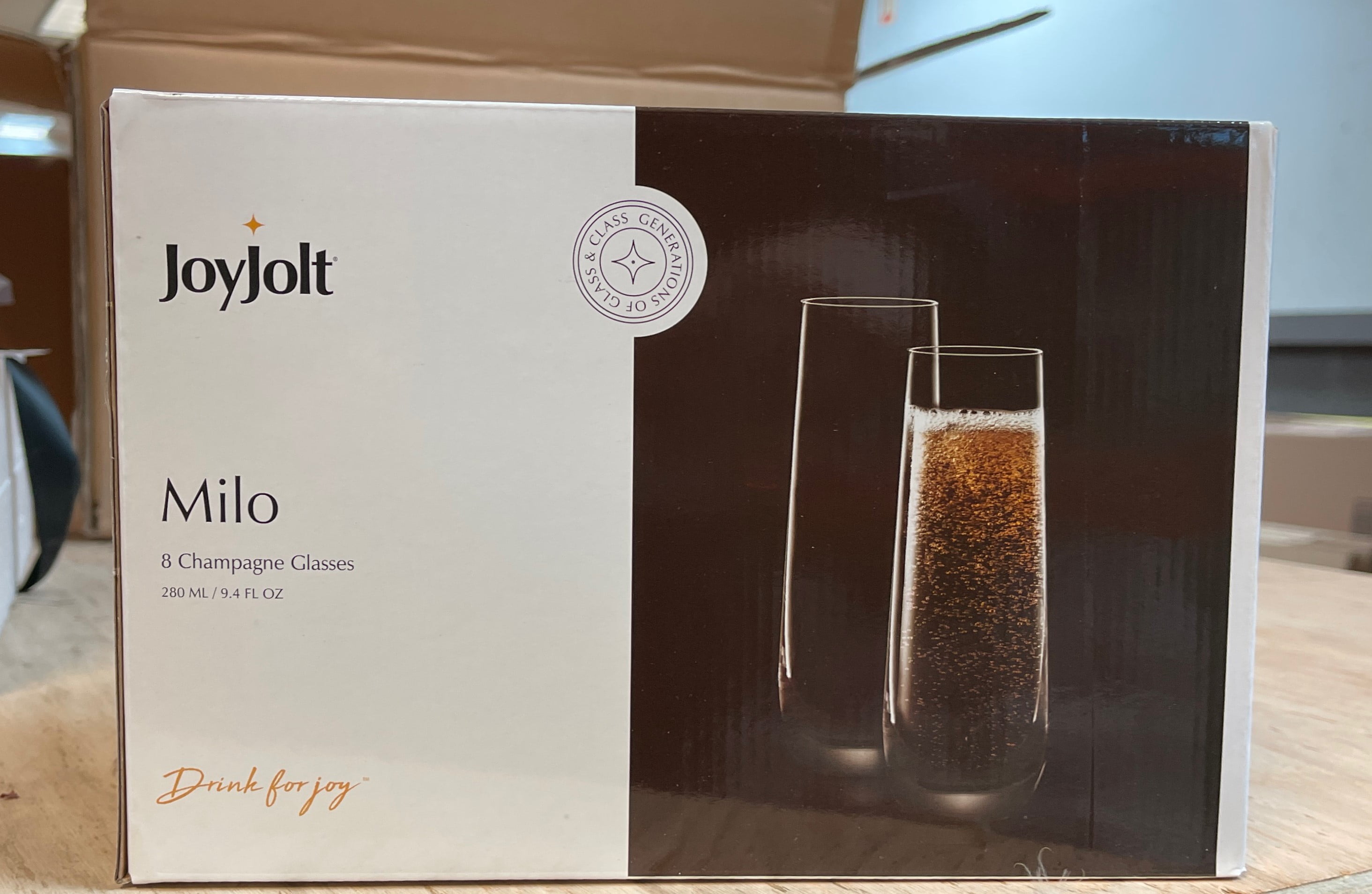 JoyJolt Milo Crystal Stemless Champagne Flute Glass Set of 8 - 9.4 oz