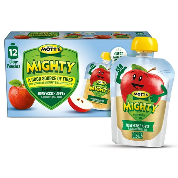 Mott's Mighty No Sugar Added Honeycrisp Applesauce, 3.2 oz, 12 Count Clear Pouches