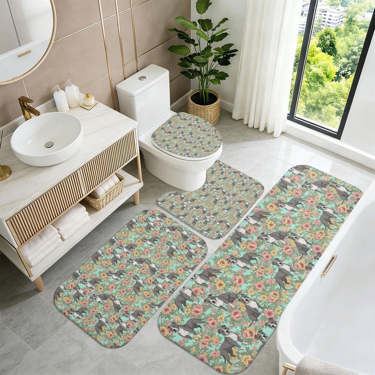 Pitbull Patterns Pit Bull and Floral Blue Pattern Bathroom Rug Set 4 Piece,Includes ...