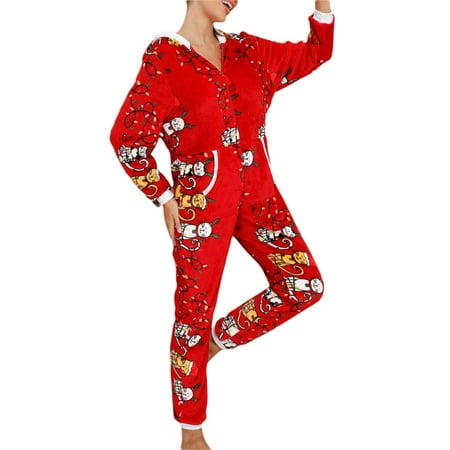 

Qiylii Women Flannel Nightwear Jumpsuit Christmas Printed Zipper Hooded Romper