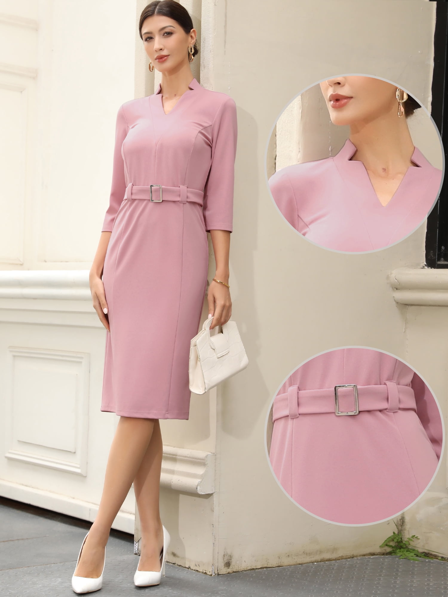 DARING DIVA Women's Elegant Casual V Neck Sheath Dress with Belt in Knee Length XS Pink