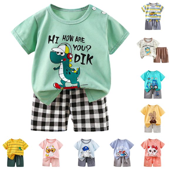 Nwiuh Baby Boys Summer Outfit Set Cartoon Graphic Short Sleeve T-Shirt Shorts Clothes Sets for Kids(Light Blue, 7-8 Years)