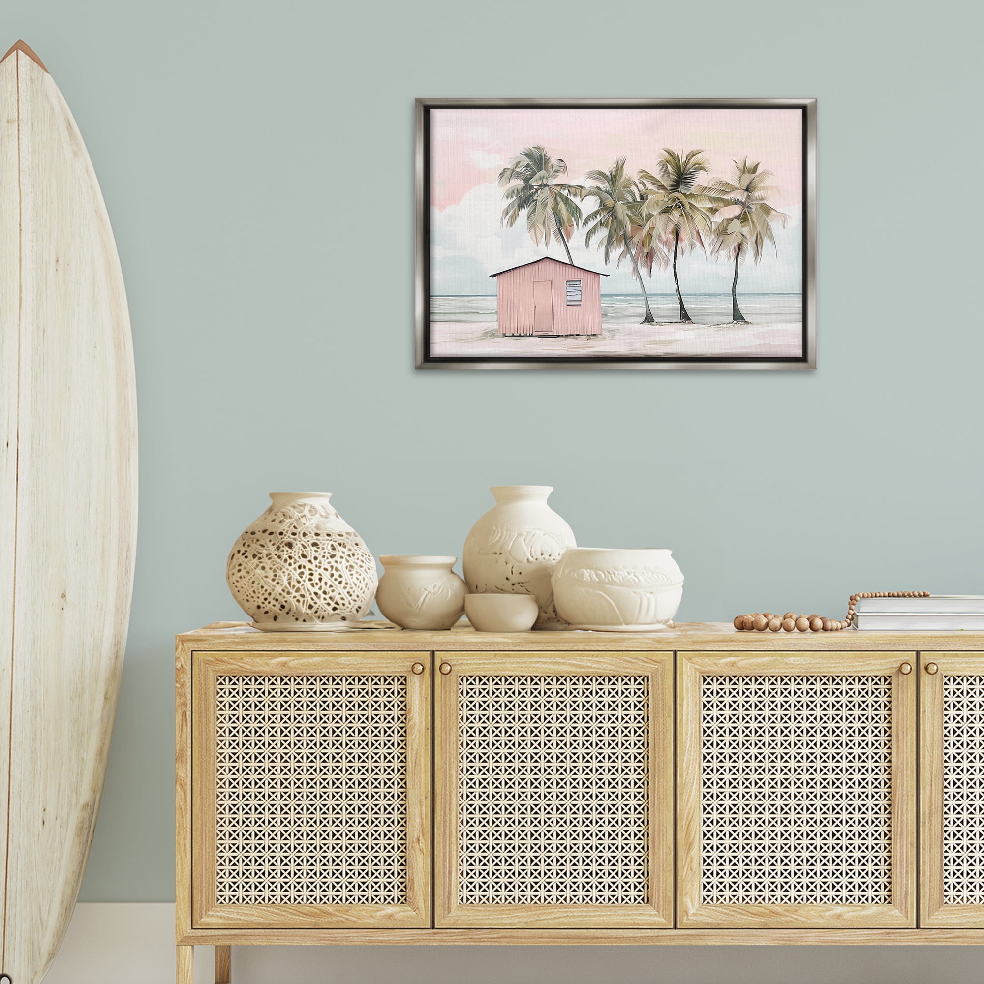 Stupell Industries Pink Beach Hut & Palms Nautical & Beach Painting Gray Floater Framed Canvas Art Print Wall Art, 31 x 21