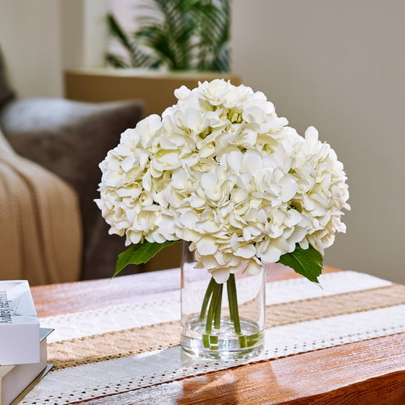 DR.Planzen 13in Artificial Hydrangea Flowers with Vase - White Faux Hydrangea Flowers, Clear Glass Vase with Faux Water, Table Centerpiece for Home Decor, Office, Wedding Party