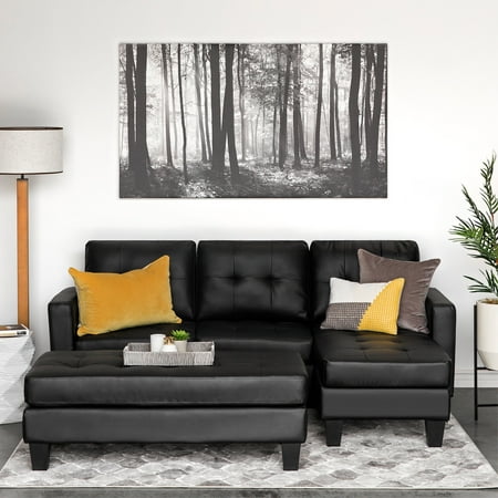 L Shape Sofa Leather Best Choice Products Tufted Faux Leather 3-Seat L-Shape Sectional Sofa Couch Set w/ Chaise Lounge, Ottoman Coffee Table Bench, Black ()