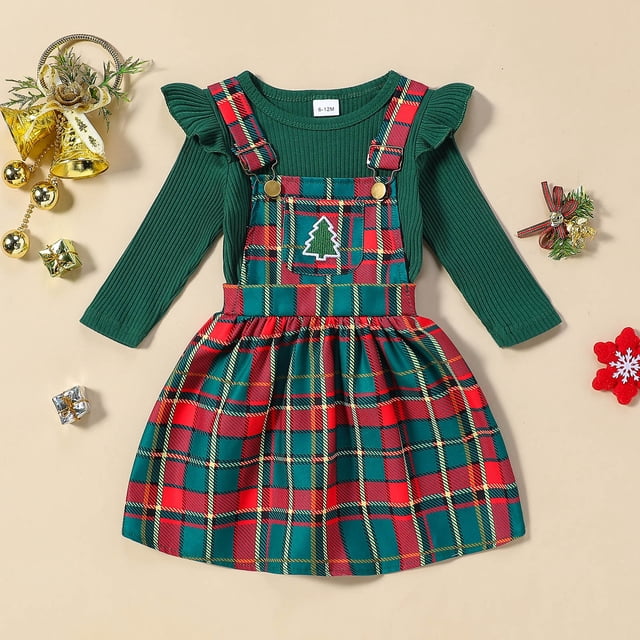 WENXIAOO Little Girls Plaid Skirt Set Ruffles Long Sleeve Ribbed Tops Buffalo Plaid Mini Skirts Set Outfits Toddler Girl Fall Dress for Infant Girls 2-3 Years
