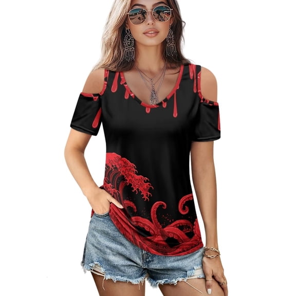 POLERO Women Short Sleeve Tshirts Cold Shoulder Tops Vneck T-shirt Red Sea Octopus Print Soft Cool for Summer Spring Travel Work Beach Vacation Tunic S