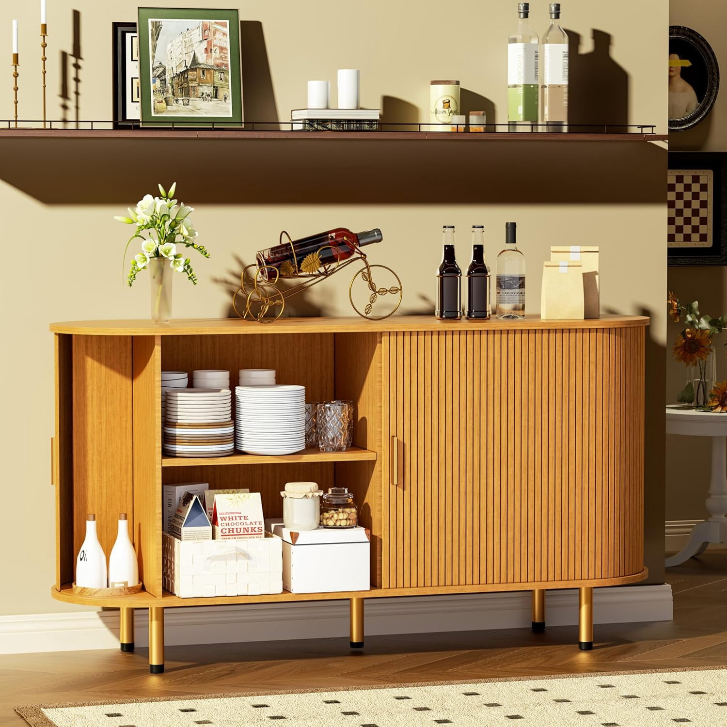 TiramisuBest Sideboard Buffet Cabinet with Storage, 55" Storage Cabinet with Fluted Tambour Sliding Doors & Adjustable Shelf for Entryway, Kitchen, Home Bar (Yellow Walnut)