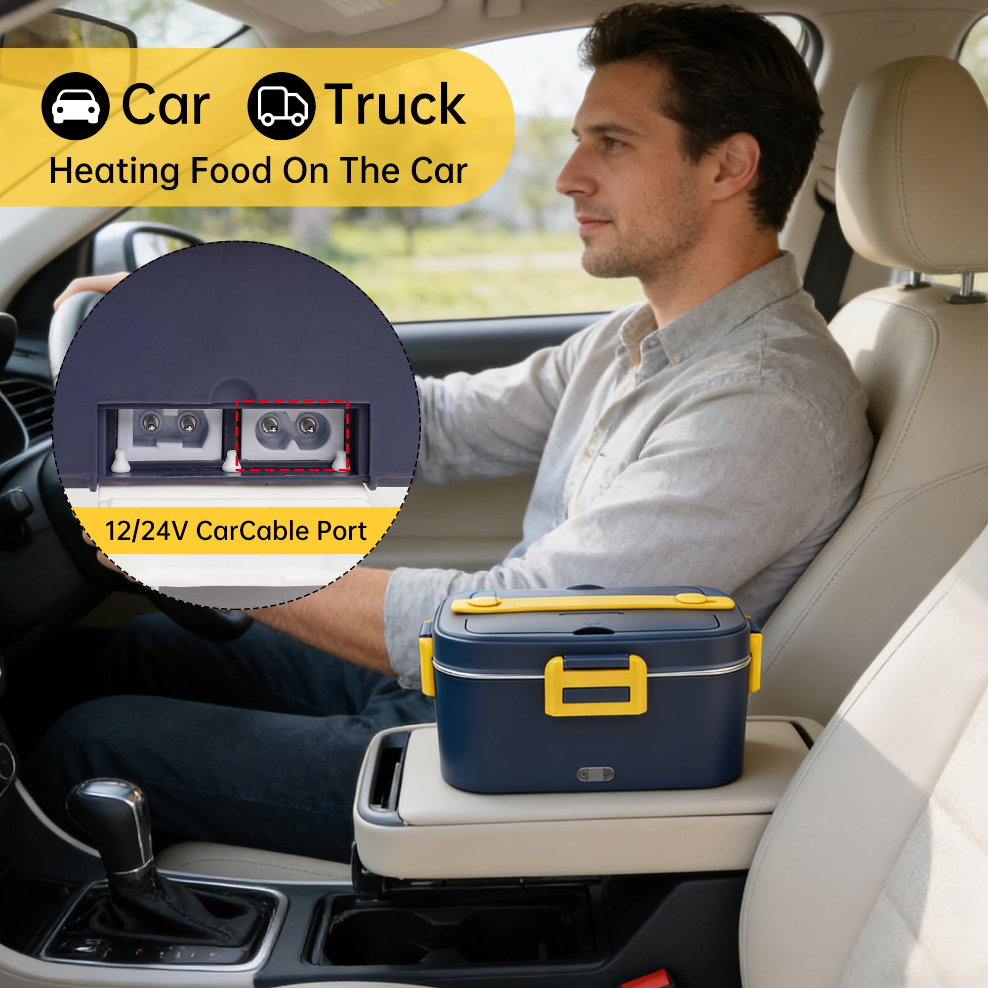 Electric Lunch Box Food Heater, 1.8L Portable Heated Lunch Box for Adults, 75W Fast Heating Food Warmer, 12V/24V/110-230V for Car Truck Office Travel (Blue)
