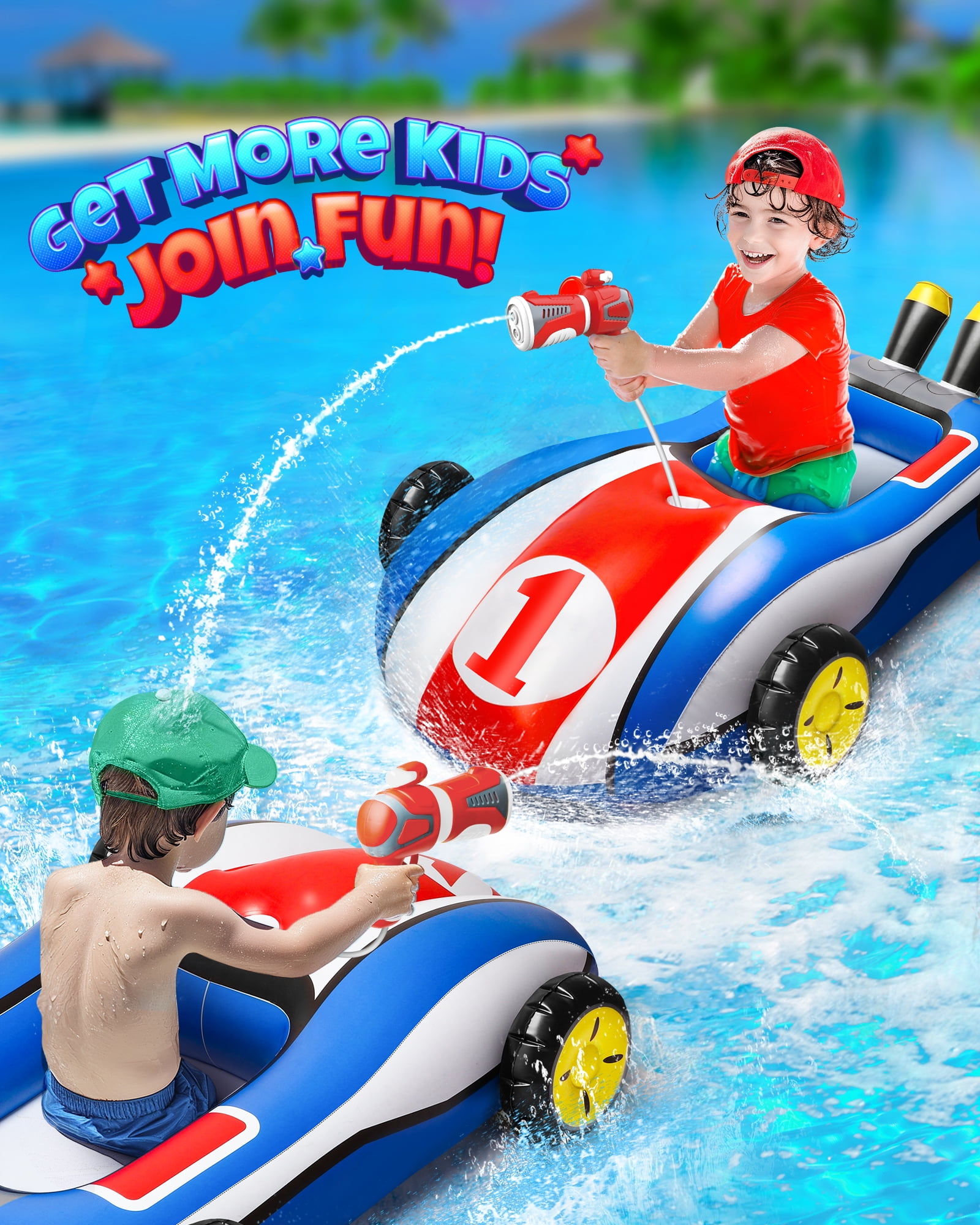 Hot Bee Inflatable Ride-on Pool Floats with Water Gun for Kids, Car Swimming Toys, Summer Outdoor Pool Game Toys for Ages 3-8, Toddler Pool Float Boys Girls 3 4 5 6+