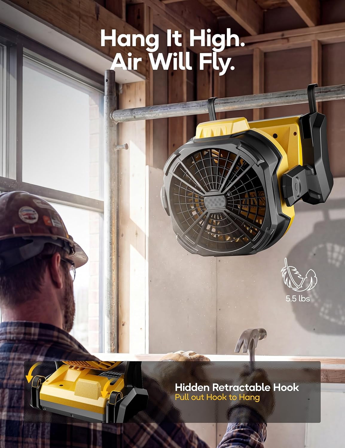 Battery Operated Fan, for DEWALT 20V Max Battery, Camping Fan Cordless, Option for Corded, with LED Lights, Variable Speed, Hook for Hanging, for Jobsite(Battery Not Included)