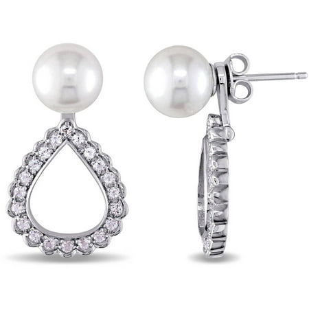 Miabella 8-8.5mm White Round Cultured Freshwater Pearl and 1-1/5 Carat T.G.W. White Topaz Sterling Silver Teardrop Earrings