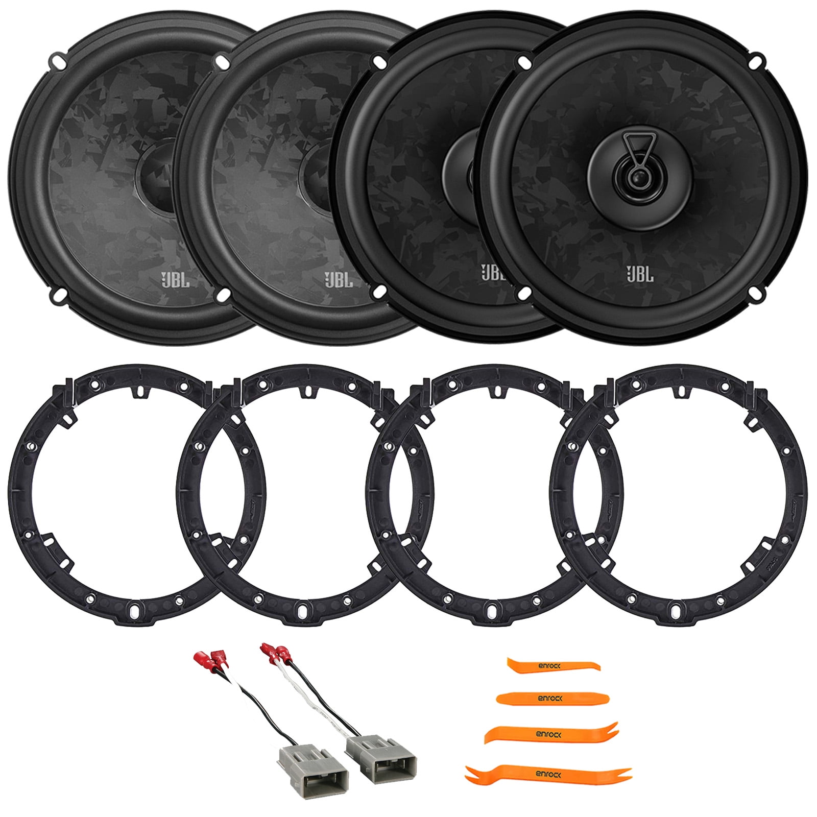 2x JBL Stage3 68CF 6.5" 760W Max Power 2-Way Component Car Audio Speakers, 2x 6.5" 560W Max Power 2-Way Coaxial Speakers, 4x 6" to 6.75" Speaker Adapter, 2x Speaker Connector Harnesses, Pry Tool Set