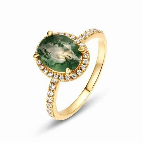 9x7 mm Oval Cut Lab Created Green Moss Agate & Halo Diamond Ring in 925 Sterling Silver for Her - Elegant and Timeless Jewelry Piece