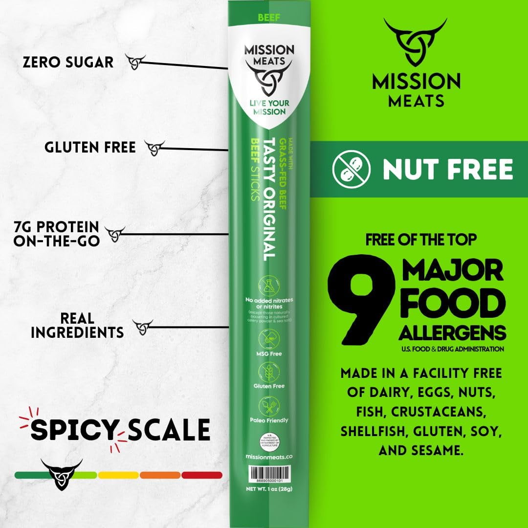 Mission Meats Beef Sticks – 100% Grass Fed & Pasture Raised, Sugar Free, Individually Wrapped Healthy Snacks, Whole 30 & Paleo, Original 1oz (12ct)