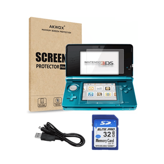 Restored Nintendo 3DS Handheld Gaming Console - Aqua Blue Bundle with RetroFam 32GB SD Card & Glass Screen Protector (Refurbished)