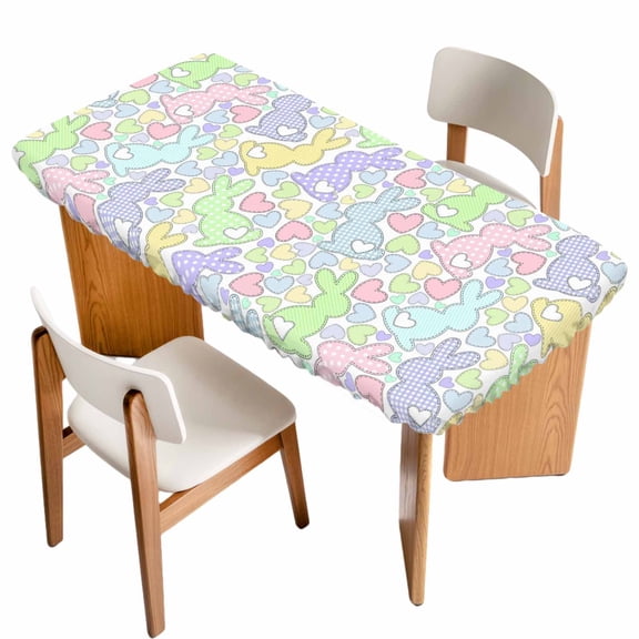 Watercolor Rabbits Table Cloths for 6 Foot Rectangle Tables, Spring Easter Love Rabbits Polka Dots Patio Waterproof Elastic Fitted Tablecloths, Washable Rectangular Table Cover for Camping