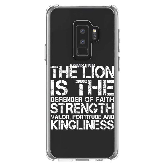 DistinctInk Clear Shockproof Hybrid Case for Samsung Galaxy S9  PLUS (6.2" Screen) - TPU Bumper Acrylic Back Tempered Glass Screen Protector - Lion - Strength Valor Fortitude Kingliness