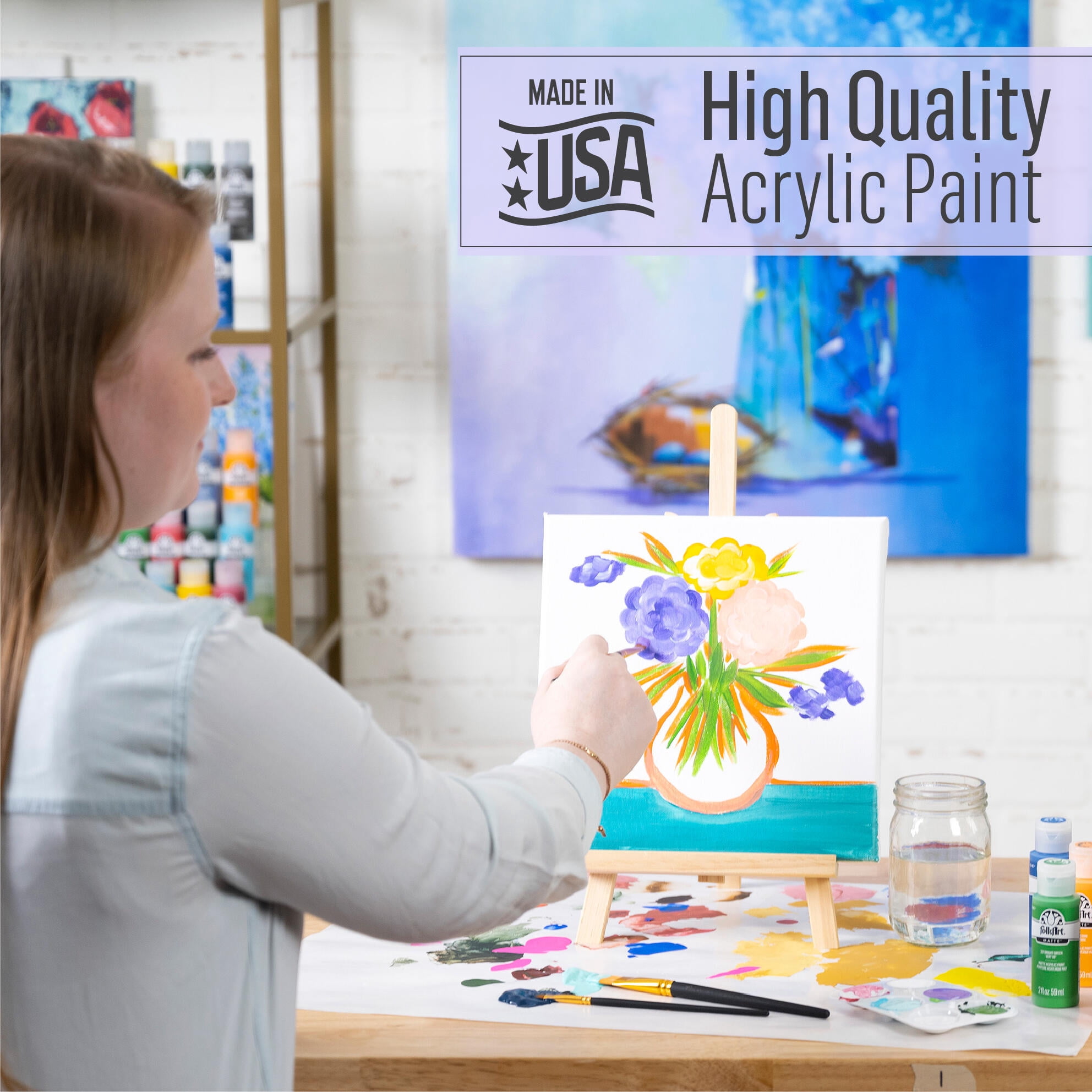 FolkArt Let's Paint Live Acrylic Craft Paint and Paintbrush Set, 2 fl oz, 34 Pieces