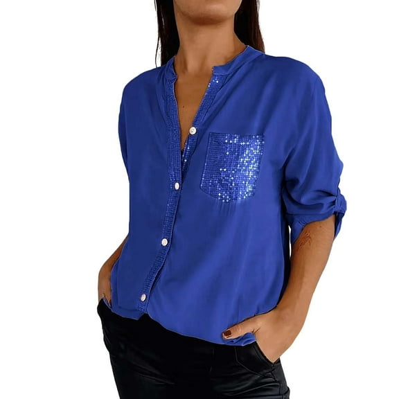 Charmgo Women's Casual V Neck Collar Button Up Blouse Solid Summer Shirt With Sequin Pocket Womens Long Sleeve Button Down Shirt Dress Shirts for Women Blue L