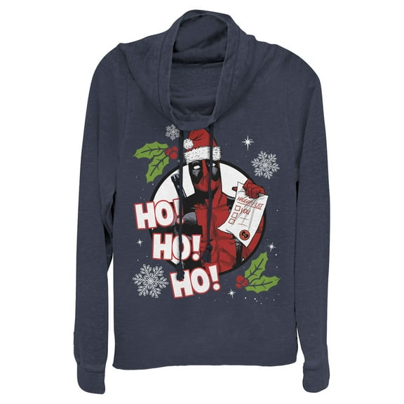 Junior's Marvel Deadpool Santa Naughty List Holiday Cowl Neck Sweatshirt Navy Blue 2X Large