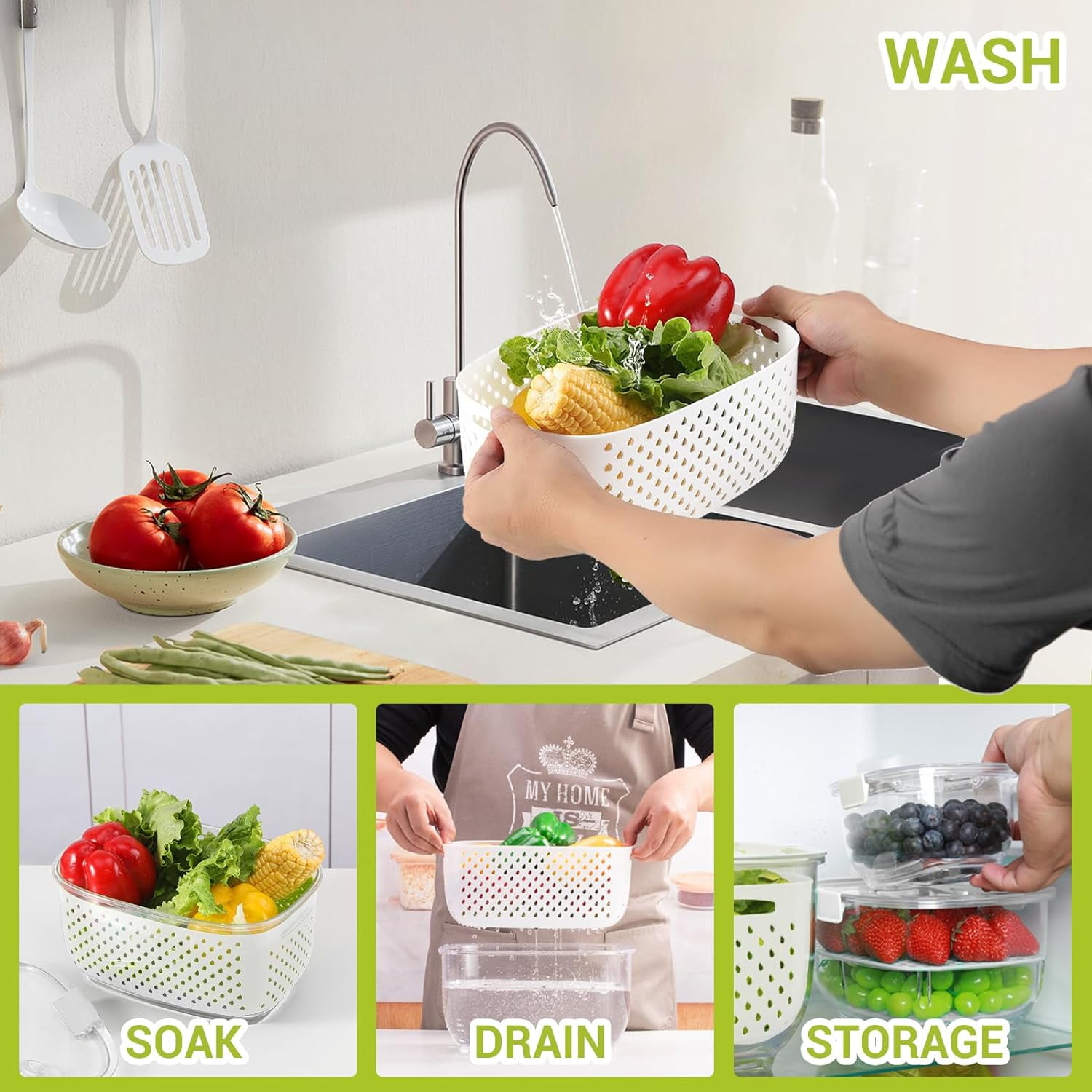 Fresh Produce Vegetable Fruit Storage Containers 3Piece Set, BPA-free, Partitioned Salad Container, Fridge Organizers, Used in Storing Fruits Vegetables, White