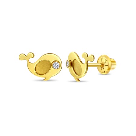 Swimming Whale Clear CZ Toddler / Girls Earrings Safety Screw Back - 14k Gold