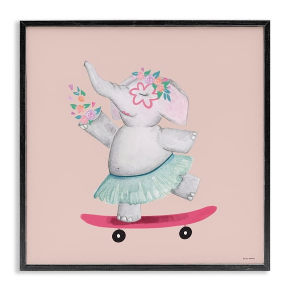 Stupell Industries Modern Skateboarding Elephant with Flowers Black Framed Giclee Art, 12 x 12, by Rachel Nieman