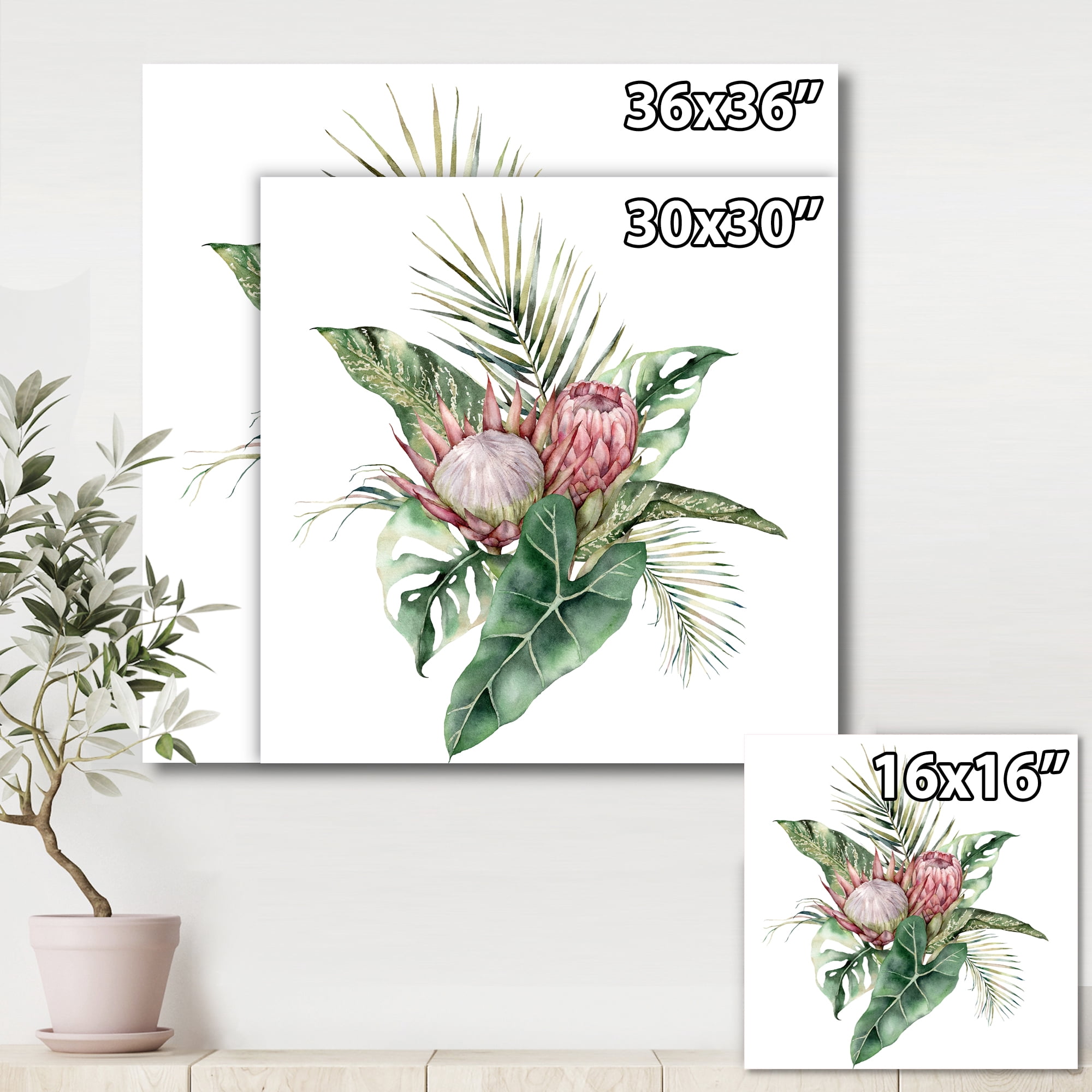 Designart ' Queen Proteas Palm & Monstera Leaves ' Traditional Canvas Wall Art Print