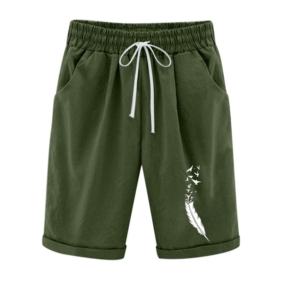 WREESH Womens Summer Shorts Printed Five Points Plus Size Cotton Linen Shorts Casual Shorts Olive Green