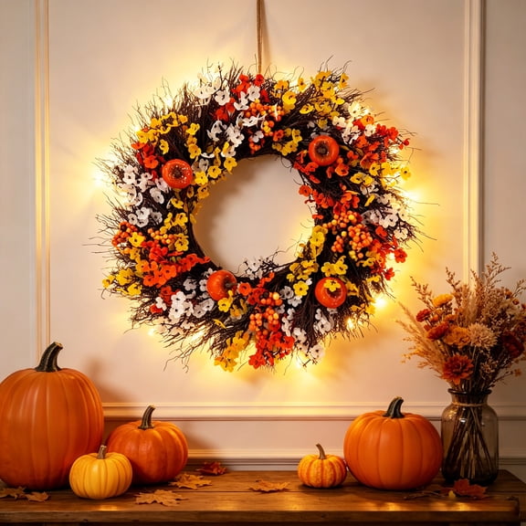 Qocolcyl Lighted Fall Harvest Twig Wreath,Artificial Pumpkin Berry Floral Front Door Wreath, Warm LED Lit Autumn Wreath for Thanksgiving Farmhouse Mantel Window Indoor Outdoor Wall Hanging Decor